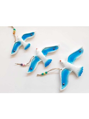 3'lü Kuş Figürlü Nazar Boncuklu Ipli Bahçe ve Teras Duvar Süsü Mavi