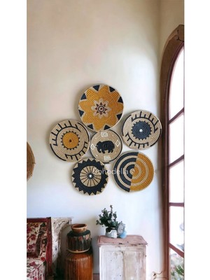 Hasır Duvar Tabağı Seti 6’lı, Afrika Desenli, Gri Renkli Dekoratif Set