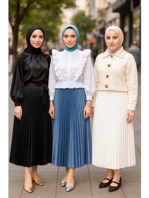 Kadın 3 Lü Paket Basic Pilise Bol Lastikli Uzun Etek