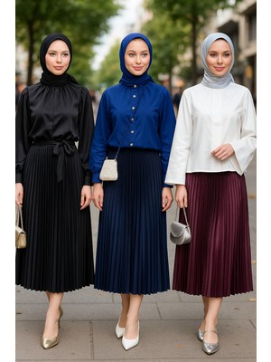 Kadın 3 Lü Paket Basic Pilise Bol Lastikli Uzun Etek