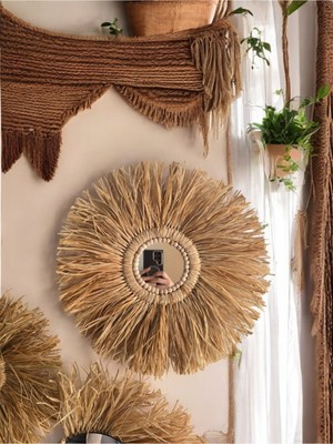 Ekru Yuvarlak Bohem Rafya Duvar Süsü, Şık ve Modern Dekorasyon Parçası