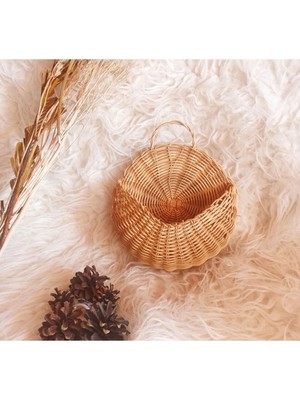 Doğal Hasır Bambu Rattan Duvar Süsü, Elma Sepeti, 20 Cm, Bej Renk