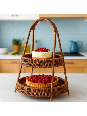 Wicker Serisi Hasır Örme 2 Katlı Sunumluk