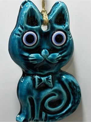 Turkuaz Kedi Formu Seramik Duvar Süsü, Dekoratif Hasır Ipli Tasarım