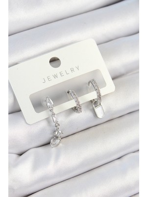 Pirinç Zirkon Taşlı Sallantılı Model Gümüş Renk 3'lü Çift Kadın Küpe Set