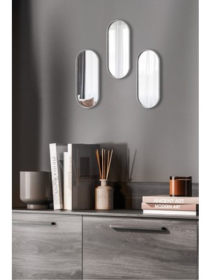 3'lü Oval Ayna Duvar Aksesuarı, Sunumluk Gümüş, Çok Amaçlı, 12X30 cm