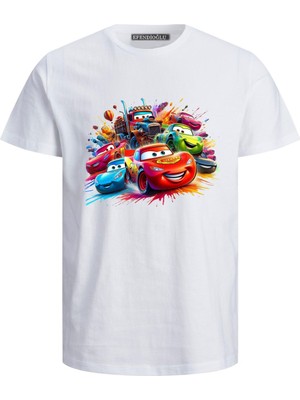 Şimşek Mcqueen ve Arabaları Baskılı Çocuk Pamuklu Kısa Kollu Tişört