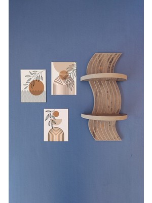 Dalga Desenli Dekoratif Duvar Rafı ve 3 Parça Bohem Tablo Seti, Kahverengi