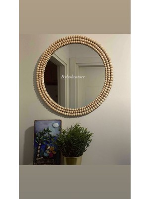 Yuvarlak Ahşap Boncuklu Ayna 35CM, Şık ve Doğal Dekorasyon Ürünü