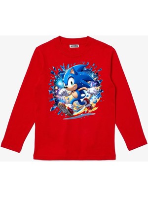 Uzun Kollu Koşan Sonic Baskılı Pamuklu Çocuk Tişört