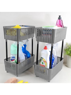 2 Adet 2 Katlı Düzenleyici Mutfak Banyo Rafı - Tezgah Altı Raf Evye Altı Dolap Organizer Gri