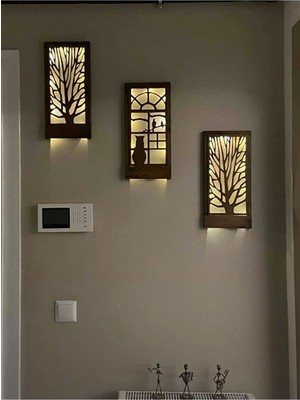 3'lü Ahşap Tablo Seti, Peri Ledli, Duvar Süsü, Ev Hediye, Hol, Antre, Gece Lambası