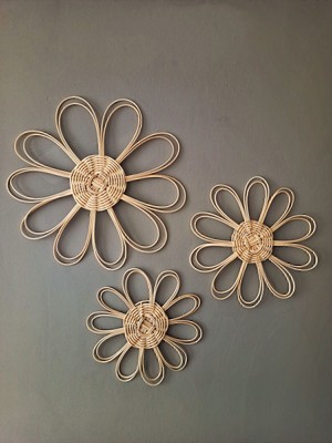 Bej Rattan Bambu Hasır Duvar Süsü 3'lü, Şık ve Doğal Dekorasyon.