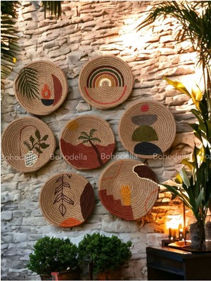 Bej Hasır Duvar Tabağı Seti 7’li, Şık ve Doğal Dekorasyon Ürünleri