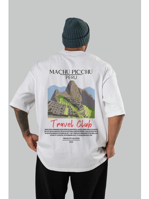 Machu Picchu Peru Arka Baskılı Oversize T-Shirt Erkek Kadın Pamuk Bisiklet Yaka Tişort