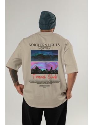 Northern Lights Norway Arka Baskılı Oversize T-Shirt Erkek Kadın Pamuk Bisiklet Yaka Tişort