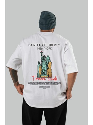 Statue Of Liberty New York Arka Baskılı Oversize T-Shirt Erkek Kadın Pamuk Bisiklet Yaka Tişort