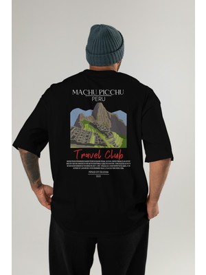 Machu Picchu Peru Arka Baskılı Oversize T-Shirt Erkek Kadın Pamuk Bisiklet Yaka Tişort