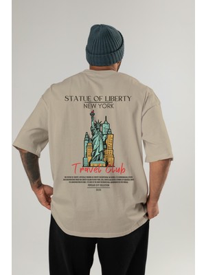 Statue Of Liberty New York Arka Baskılı Oversize T-Shirt Erkek Kadın Pamuk Bisiklet Yaka Tişort