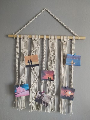 Bej Makrome Duvar Süsü, Fotoğraf Askılığı ve Dekoratif Resimlik