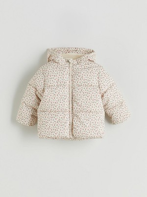 Kapüşonlu Çiçekli Kız Bebek Şişme Mont  (W5)