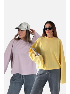 Geniş Kol Oversize 2'li Paket T-Shirt 965 Lila/sarı