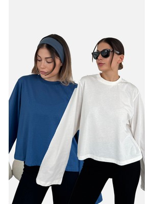 Geniş Kol Oversize 2'li Paket T-Shirt 965 Indigo/ekru