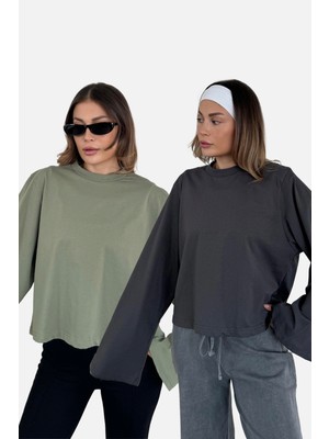 Geniş Kol Oversize 2'li Paket T-Shirt 965 Haki/füme