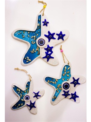 Beyaz Üçlü Deniz Yıldızı Nazar Boncuğu Duvar ve Bahçe Süsü