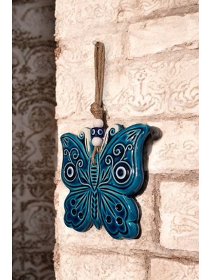 Mavi Kelebek Desenli Seramik Çiçek Dekorasyon Eşyası 21X17 cm