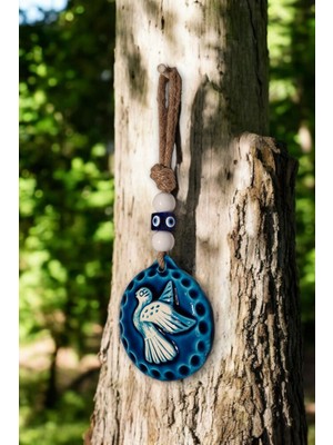 Bej Seramik Kuş Desenli Yuvarlak Dekoratif Duvar Süsü 9X17 cm