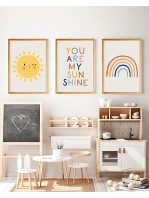 Renkli Gökkuşağı ve Güneş Bebek Çocuk Odası Mdf Duvar Tablo Seti 3 Parça