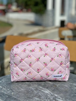 Toz Pembe Gül Desenli Makyaj Çantası - Büyük Boy
