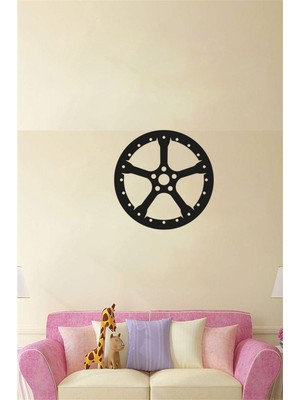 Siyah 5 Kollu Araba Jant Tablo, Ahşap Lazer Kesim Dekorasyon, Kendinden Yapışkanlı