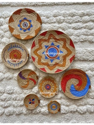 Turuncu Afrika Etnik Hasır Duvar Tabak Seti, 8'li Bodrum Özel Serisi