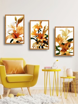 Şık Çiçek Temalı Modern 3'lü Tablo Seti, 20X30 Cm, Dekoratif ve Estetik Tasarım