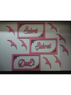 Pembe 3’lü Duvar Panosu, Kuş Desenli, 28X17, Şükret ve Dua Et Temalı