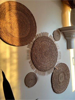 Bej Bohem Hasır Duvar Tabağı Seti, 5 Parça, Şık ve Doğal Dekorasyon Öğesi