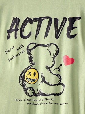 Erkek Açık Yeşil Arkası Active Ayıcık Baskılı Bisiklet Yaka T-Shirt