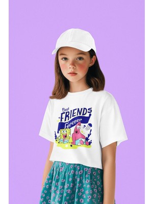 Best Friends Forever Yazılı Süngerbob ve Patrick Baskılı Unisex Çizgi Film Çocuk Tişört (1-12 Yaş)
