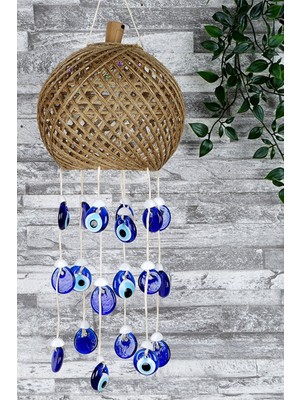 Işıklı Hasır Rüzgar Çanı, Mavi Nazar Boncuklu, El Yapımı Bahçe ve Balkon Dekoru