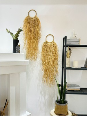 Doğal Rafya Çift Duvar Süsü, Iskandinav Tarzı, El Yapımı, Balkon Dekoru