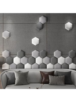 Beyaz Altıgen Kumaş Kaplı 3D Duvar Paneli Seti (12 Adet)