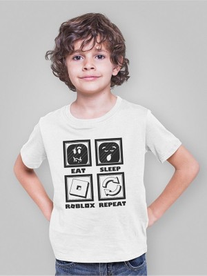 Eat, Sleep, Roblox, Repeat Baskılı Unisex Oyun Çocuk Tişört (1-12 Yaş)