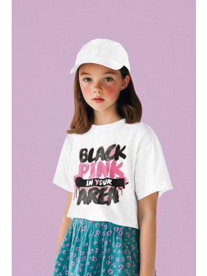 Black Pink In Your Area Yazılı Unisex Müzik Grubu Çocuk Tişört (1-12 Yaş)