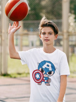 Tatlı Kaptan Amerika Baskılı Unisex Avengers Film Çocuk Tişört (1-12 Yaş)