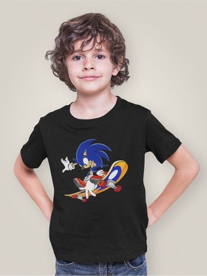 Kaykaycı Sonic Baskılı Unisex Çizgi Film Çocuk Tişört (1-12 Yaş)
