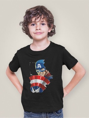 Tasarım Kaptan Amerika Baskılı Unisex Avengers Film Çocuk Tişört (1-12 Yaş)