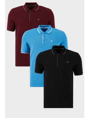 Buratti Pamuklu Slim Fit Şerit Detaylı Düğmeli Polo Yaka 3'lü Paket T Shirt Erkek T Shirt 5902118S3
