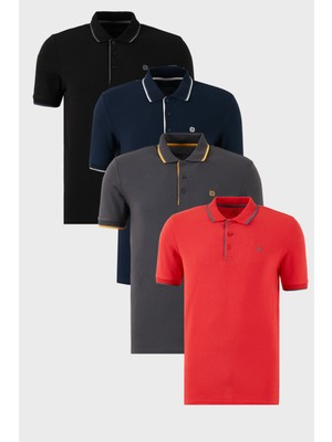 Buratti Pamuklu Slim Fit Şerit Detaylı Düğmeli Polo Yaka 4'lü Paket T Shirt Erkek T Shirt 5902118S4